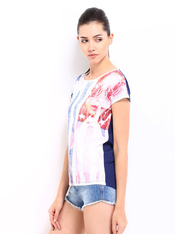 Roadster Women White &amp; Navy Printed Top