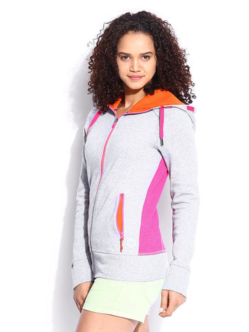 Roxy Women Grey Melange &amp; Pink Hooded Sweatshirt
