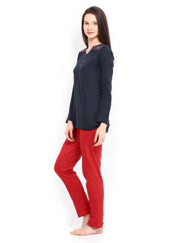 SDL by Sweet Dreams Women Navy &amp; Red Embroidered Lounge Set 225274