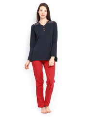 SDL by Sweet Dreams Women Navy &amp; Red Embroidered Lounge Set 225274