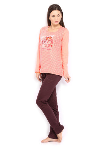 SDL by Sweet Dreams Women Peach-Coloured &amp; Burgundy Lounge Set F-SDL-FP-307
