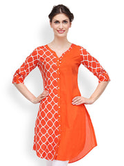 SIA Fashion Women Orange &amp; White Printed Kurta