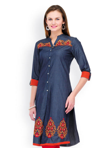 SIA Fashion Women Blue Denim Embroidered Kurta