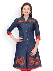 SIA Fashion Women Blue Denim Embroidered Kurta