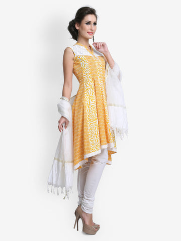 SIA Fashion Women Yellow &amp; White Printed Anarkali Churidar Kurta With Dupatta