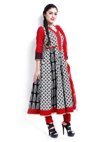 SIA Fashion Women White &amp; Red Printed Churidar Kurta With Dupatta