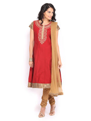 SPANDANA Women Rust Red &amp; Brown Churidar Kurta with Dupatta