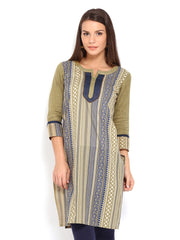 SPANDANA Women Olive Green &amp; Navy Printed Kurta