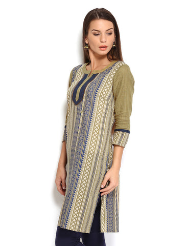 SPANDANA Women Olive Green &amp; Navy Printed Kurta