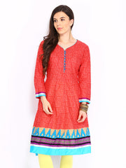 Sattyaa Women Coral Red Printed Anarkali Kurta