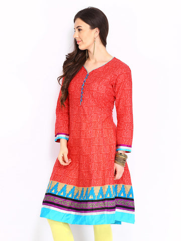 Sattyaa Women Coral Red Printed Anarkali Kurta