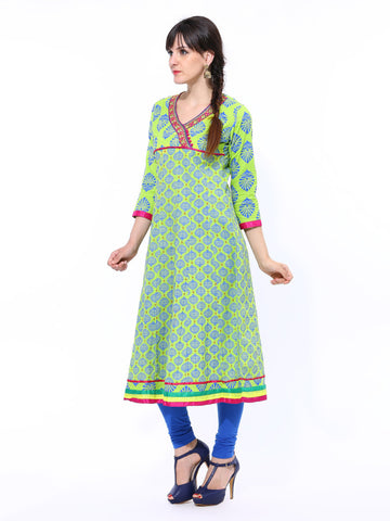 Sattyaa Women Lime Green Printed Anarkali Kurta