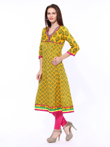 Sattyaa Women Mustard Yellow Printed Anarkali Kurta