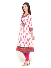 Sattyaa Women White &amp; Pink Printed Anarkali Kurta