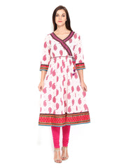 Sattyaa Women White &amp; Pink Printed Anarkali Kurta