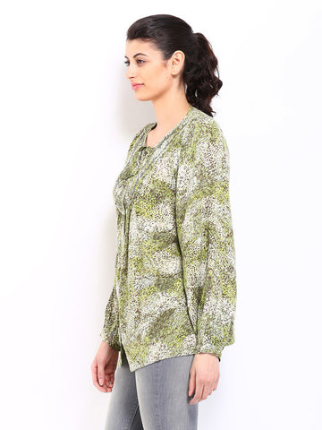 Sbuys Women Green &amp; Off-White Printed Top