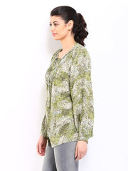 Sbuys Women Green &amp; Off-White Printed Top