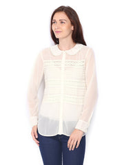 Sbuys Women Cream-Coloured Lace Sheer Shirt