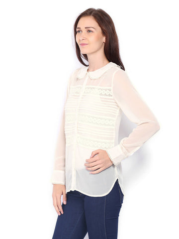 Sbuys Women Cream-Coloured Lace Sheer Shirt