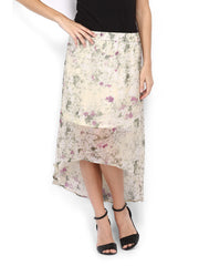 Sbuys Cream-Coloured &amp; Green Printed Hgh Low Skirt