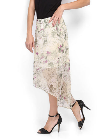 Sbuys Cream-Coloured &amp; Green Printed Hgh Low Skirt