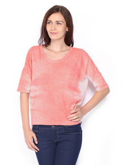 Sbuys Women Peach-Coloured &amp; Off-White Tie-Dye Print Top