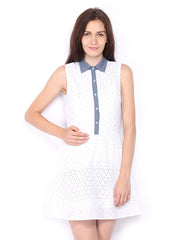 Sbuys White Embroidered Fit &amp; Flare Dress