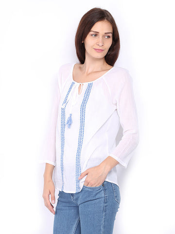 Sbuys Women White Embroidered Top