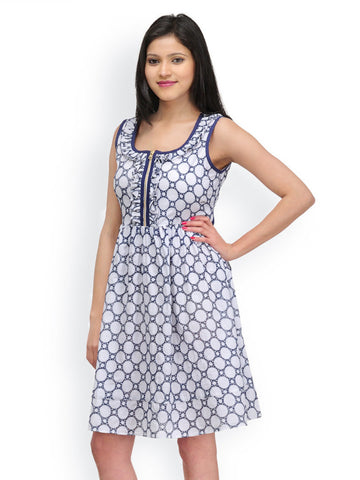 Shakumbhari White &amp; Blue Geometric Print Fit &amp; Flare Dress