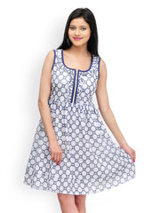 Shakumbhari White &amp; Blue Geometric Print Fit &amp; Flare Dress