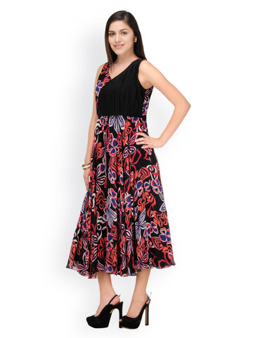 Shakumbhari Black Floral Print A-Line Dress
