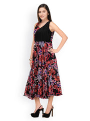 Shakumbhari Black Floral Print A-Line Dress