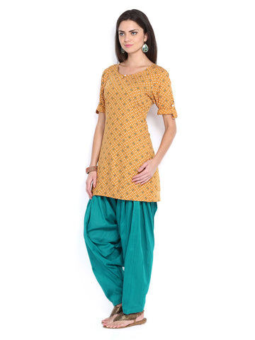 Shree Women Brown &amp; Teal Blue Printed Patiala Kurta Set