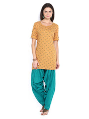 Shree Women Brown &amp; Teal Blue Printed Patiala Kurta Set