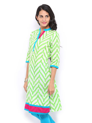 Shree Women White &amp; Green Printed Kurta