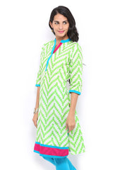 Shree Women White &amp; Green Printed Kurta