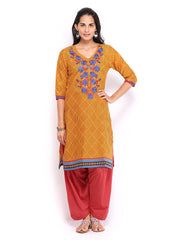 Shree Women Mustard Yellow &amp; Red Printed Patiala Kurta Set