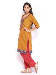 Shree Women Mustard Yellow &amp; Red Printed Patiala Kurta Set