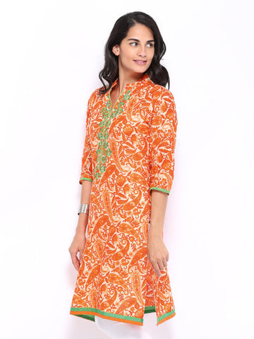 Shree Women Orange &amp; Cream Coloured Printed Kurta