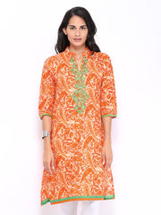 Shree Women Orange &amp; Cream Coloured Printed Kurta