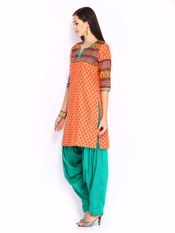 Shree Women Orange &amp; Green Patiala Kurta Set