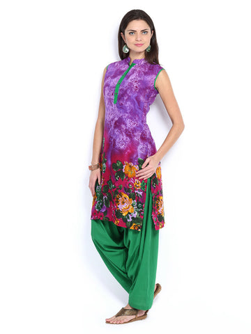Shree Women Purple &amp; Green Printed Patiala Kurta Set