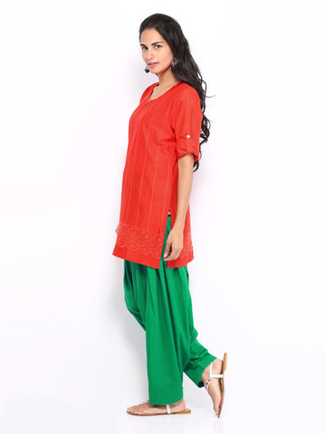 Shree Women Red &amp; Green Embroidered Patiala Kurta Set