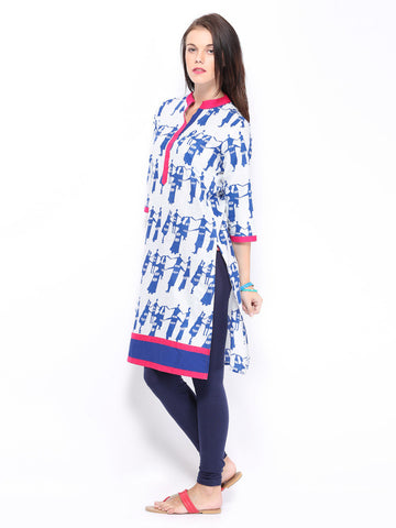Shree Women White &amp; Blue Printed Kurta