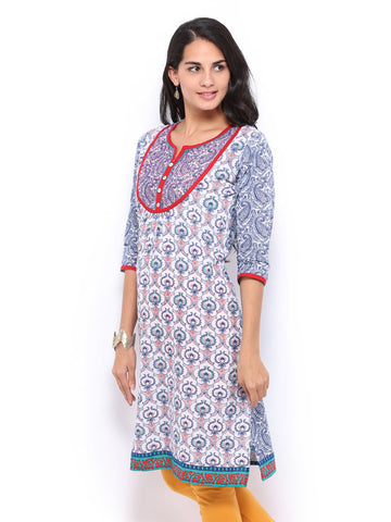 Shree Women White &amp; Blue Printed Kurta