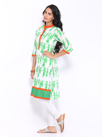 Shree Women White &amp; Green Printed Kurta