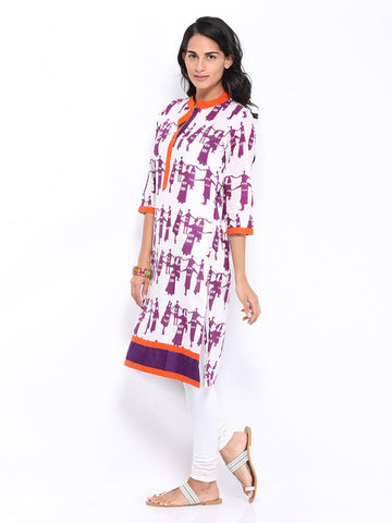 Shree Women White &amp; Purple Printed Kurta