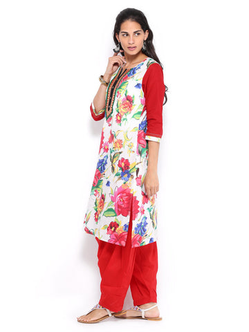 Shree Women White &amp; Red Printed Patiala Kurta Set