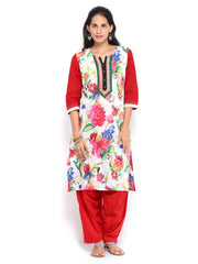 Shree Women White &amp; Red Printed Patiala Kurta Set