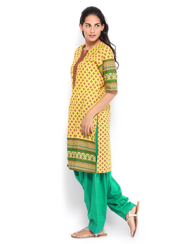 Shree Women Yellow &amp; Green Printed Patiala Kurta Set
